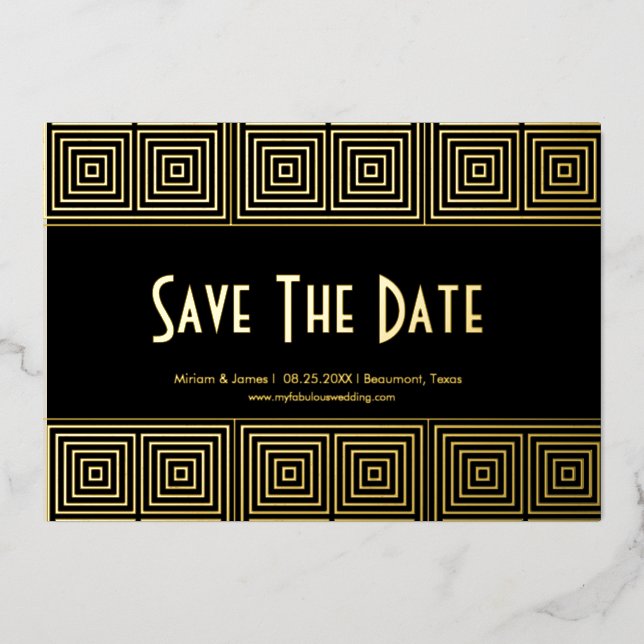 Black & Gold Art Deco Save the Date Inspiriert Folieneinladung (Vorderseite)