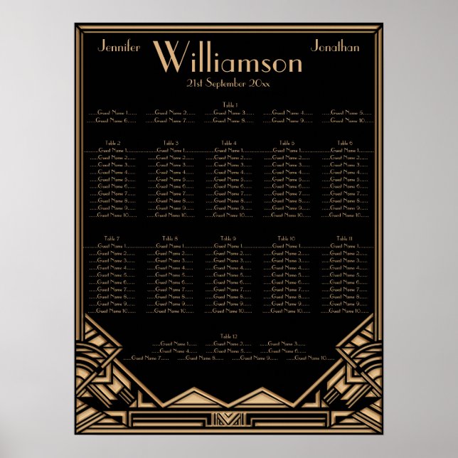 Black Gold Art Deco Style Hochzeitsdiagramm Poster (Vorne)