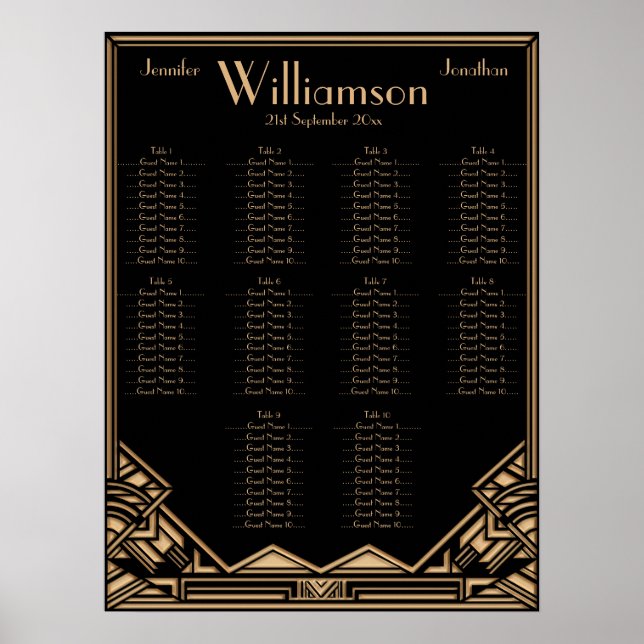 Black Gold Art Deco Style Hochzeitsdiagramm Poster (Vorne)