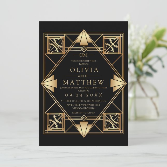 Black & Gold Art Deco Wedding Invitation  Einladung (Stehend Vorderseite)