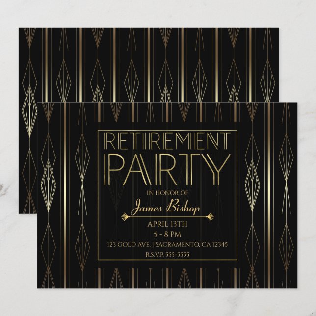 Black & Gold Art Deco Work Job Retirement Party Einladung (Vorne/Hinten)