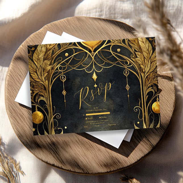 Black Gold Art Nouveau Hochzeit RSVP Karte (Von Creator hochgeladen)
