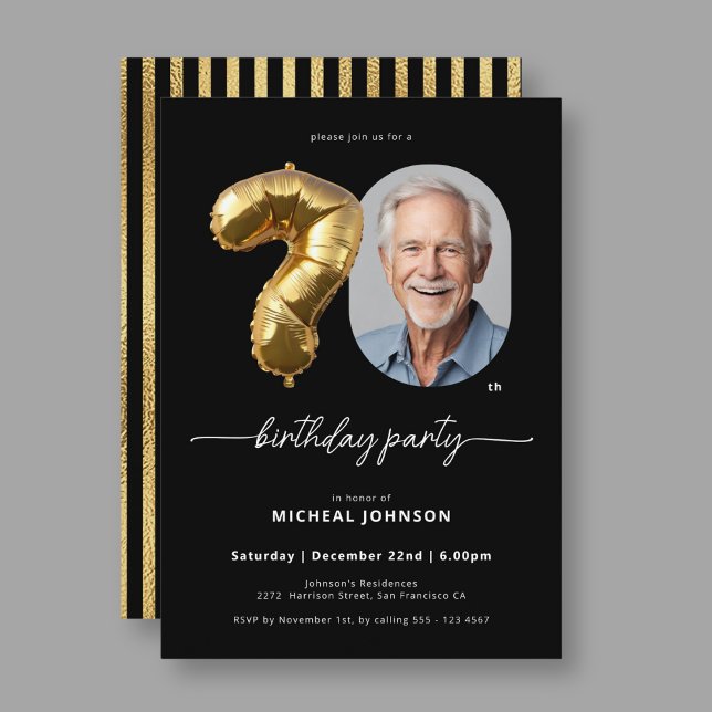 Black Gold Ballon 70. Geburtstag Einladung (Black Gold Balloon 70th Birthday Invitation)