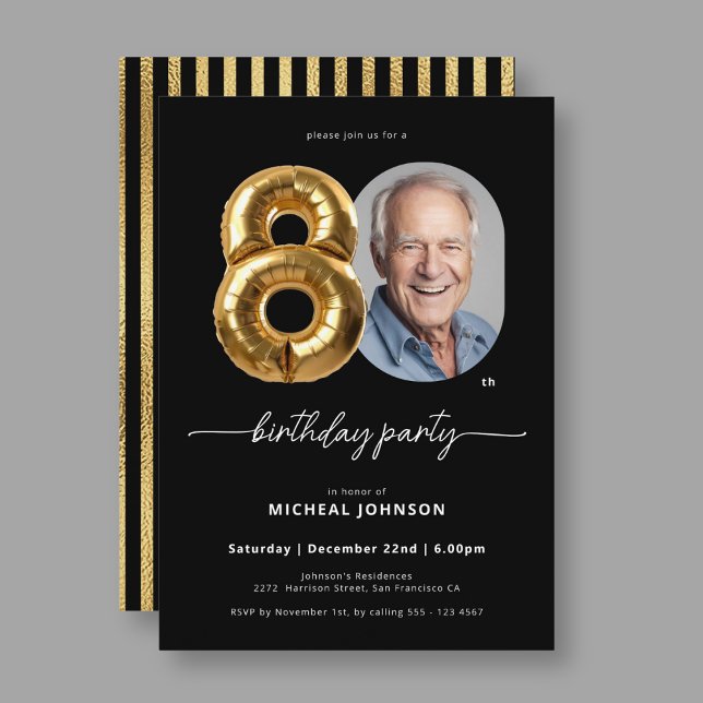 Black Gold Ballon 80. Geburtstag Einladung (Black Gold Balloon 80th Birthday Invitation)