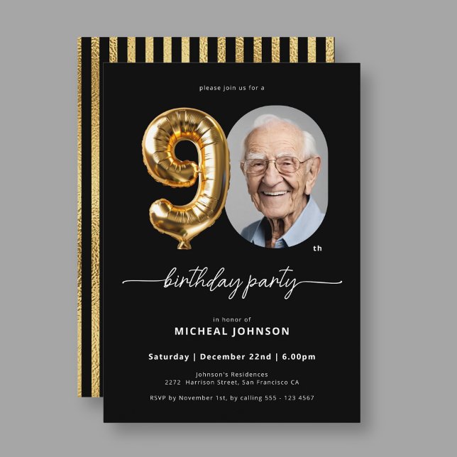 Black Gold Ballon 90. Geburtstag Einladung (Black Gold Balloon 90th Birthday Invitation)