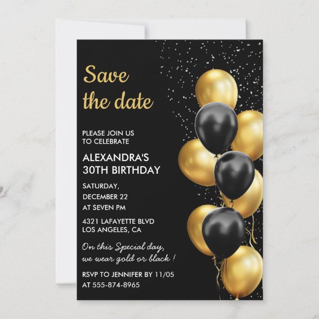 Black Gold Ballon Elegant 30. Save the Date Einladung (Vorderseite)