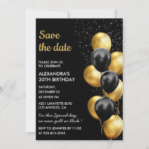 Black Gold Ballon Elegant 30. Save the Date Einladung