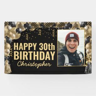 Black Gold Balloon Confetti Foto Happy Birthday Banner