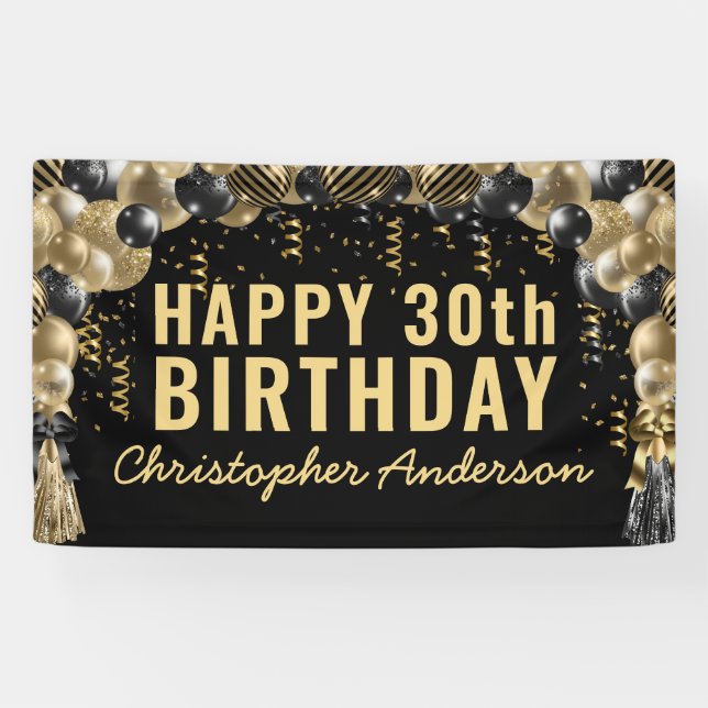 Black Gold Balloon Confetti Happy Birthday Party Banner (Horizontal)