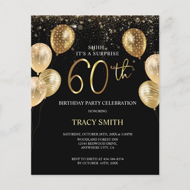 Black Gold Balloons 60. Überraschung Geburtstag (Vorderseite)