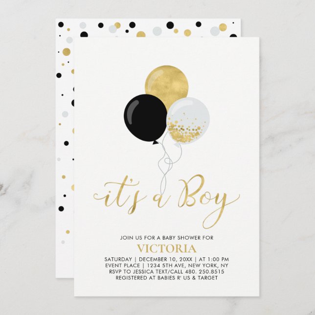 Black & Gold Balloons | Es ist eine Baby-Dusche Einladung (Vorne/Hinten)