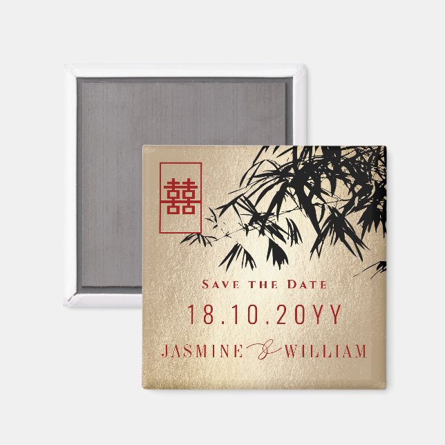 Black & Gold Bamboo Verlasse Save the Date Chinesi Magnet (Vorderseite/Rückseite)