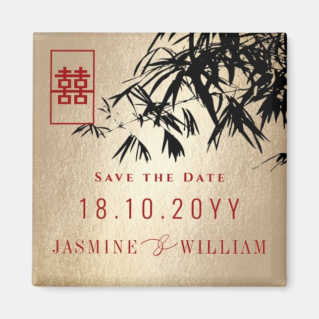 Black & Gold Bamboo Verlasse Save the Date Chinesi Magnet (Vorne)