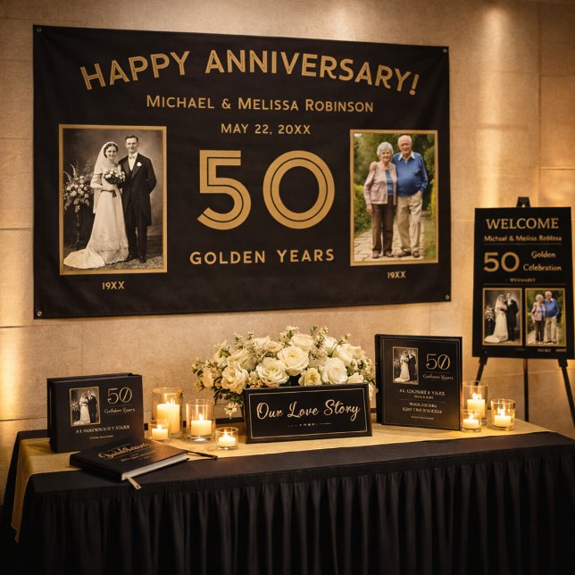 Black & Gold Banner zum 50. Hochzeitstag Foto (Golden years deserve a backdrop this elegant.)