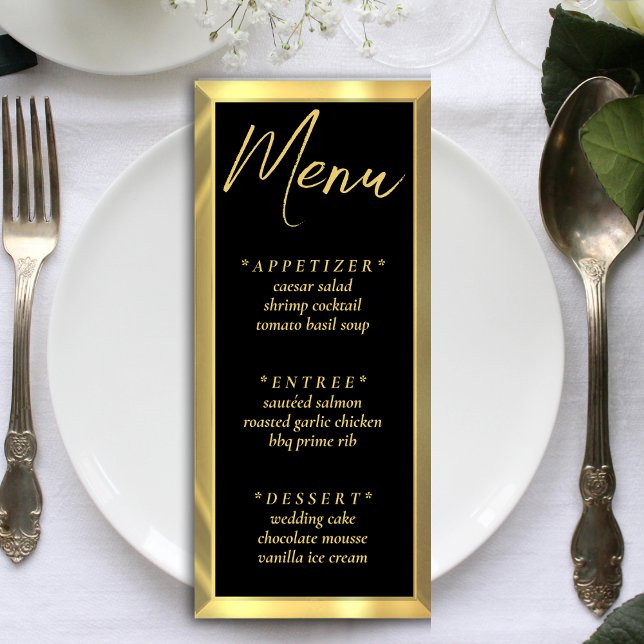 Black & Gold Bar Elegante Hochzeit Empfang Menükarte (Black & Gold Bar Elegant Wedding Reception Menu)
