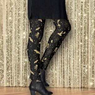 Black Gold Bat Hexenhats Skulls Glitzer Halloween Leggings