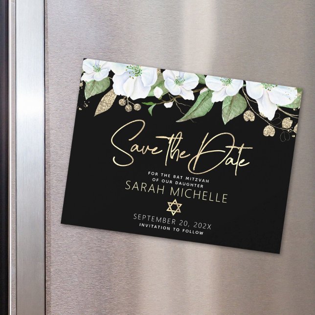 Black Gold Bat Mitzvah Script Floral Save the Date Magneteinladung (Von Creator hochgeladen)