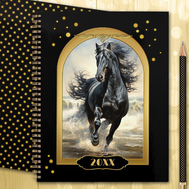Black Gold Beach Pferd Planer (Gold and black year planner with a stallion horse running freely on the beach with confetti sparkles)