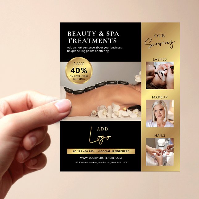 Black & Gold Beauty Salon Wellness-Center Logo-Mar Flyer (Professional business marketing flyer in black and gold with photo collage and special discount)
