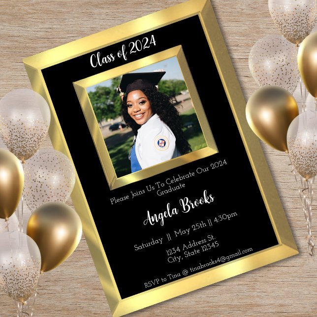 Black & Gold Beveled Foto Graduation Party Einladung (Black & Gold Beveled Photo Graduation Party Invitation)