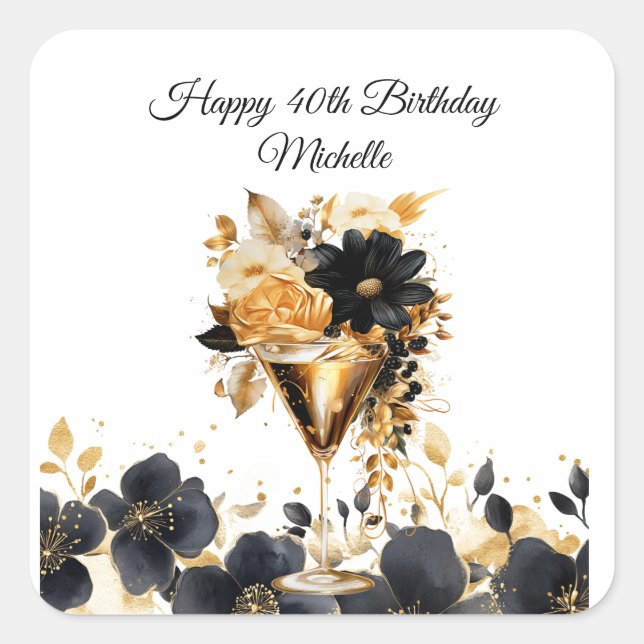 Black Gold Birthday Party Cocktails Drink Florals  Quadratischer Aufkleber (Vorderseite)