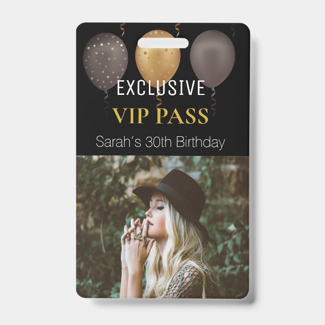 Black Gold Birthday Party Photo Custom Pass VIP Ausweis (Vorderseite)