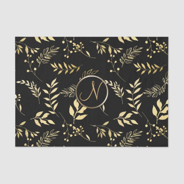 Black Gold Blätter Chic Monogram Letter Initial Seidenpapier (Vorderseite)