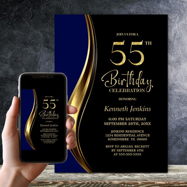 Black Gold Blue 55. Geburtstagsfeier Einladung (Von Creator hochgeladen)