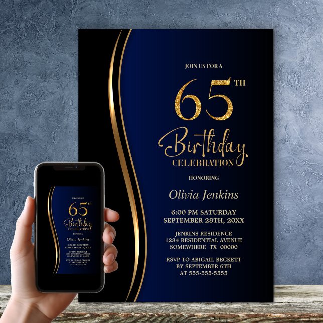 Black Gold Blue 65. Geburtstagsparty Einladung (Von Creator hochgeladen)
