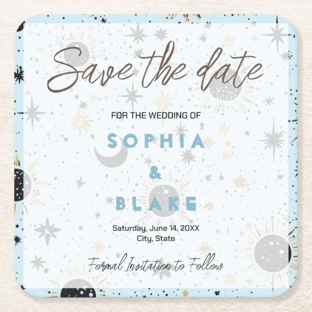 Black Gold Blue Celestial Wedding Save the Date Rechteckiger Pappuntersetzer (Vorderseite)