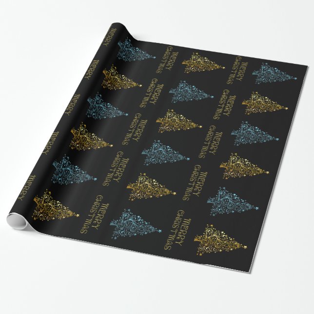 Black Gold Blue Elegante Chic Weihnachtsbaum Stern Geschenkpapier (Ungerollt)