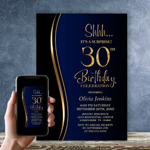 Black Gold Blue Überraschung 30. Geburtstag Einladung