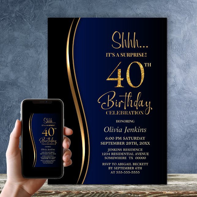 Black Gold Blue Überraschung 40. Geburtstag Einladung (Von Creator hochgeladen)