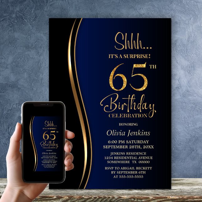 Black Gold Blue Überraschung 65. Geburtstag Einladung (Von Creator hochgeladen)
