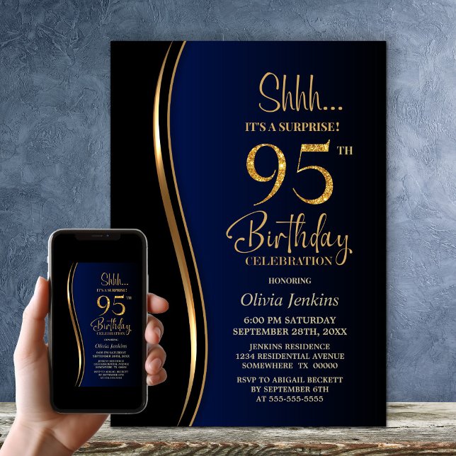Black Gold Blue Überraschung 95. Geburtstag Einladung (Von Creator hochgeladen)