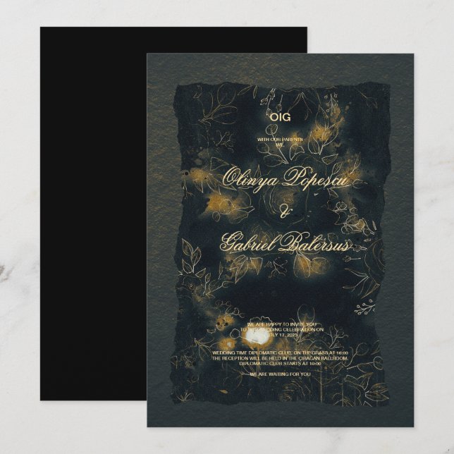 Black Gold Blume, Aquarellpapier Hochzeit Einladung (Vorne/Hinten)