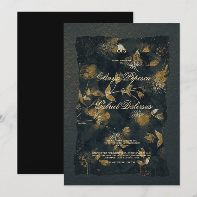 Black Gold Blume, Aquarellpapier Hochzeit Einladung (Vorne/Hinten)