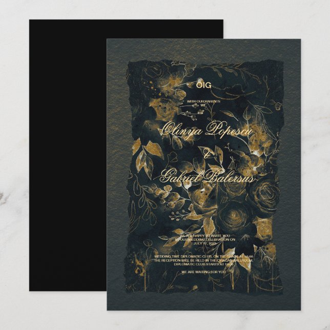 Black Gold Blume, Aquarellpapier Hochzeit Einladung (Vorne/Hinten)