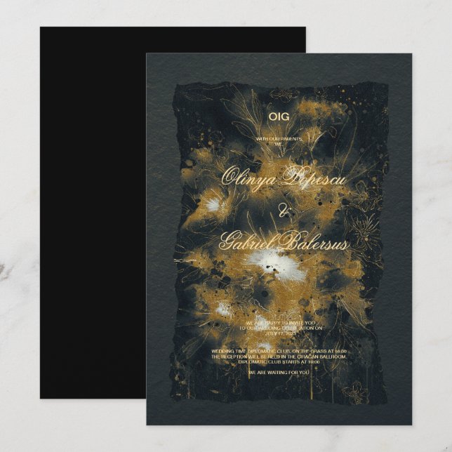 Black Gold Blume, Aquarellpapier Hochzeit Einladung (Vorne/Hinten)