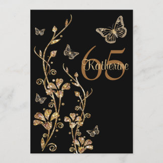Black, Gold Blume & Butterfliegen 65. Einladung