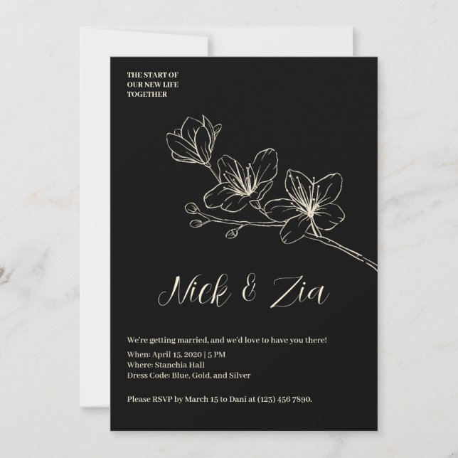 Black Gold Blume Minimal White Wedding Einladung (Vorderseite)