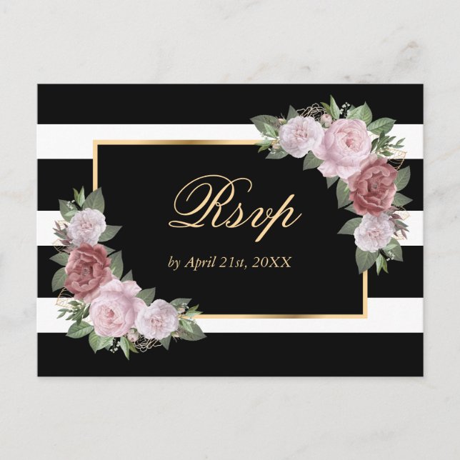 Black Gold Blush Floral Wedding RSVP Postcard Einladungspostkarte (Vorderseite)