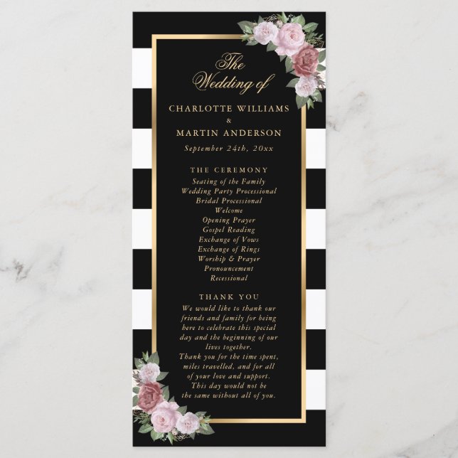 Black Gold Blush Pink Floral Wedding Programm (Vorderseite)