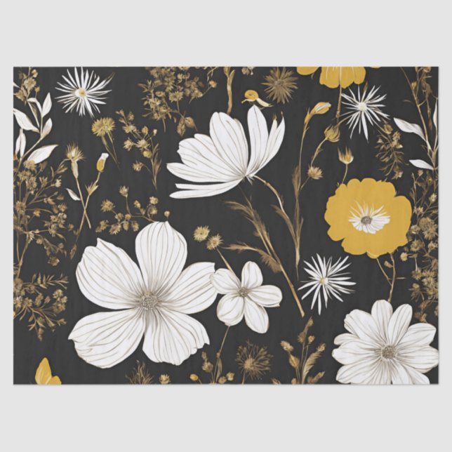 Black Gold Boho Wildblume Decoupage Seidenpapier (Vorderseite)