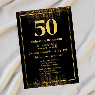 Black Gold Border Glitzer Moderner 50. Geburtstag Einladung