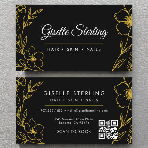 Black Gold Botanical Floral QR Code Schönheitssalo Visitenkarte