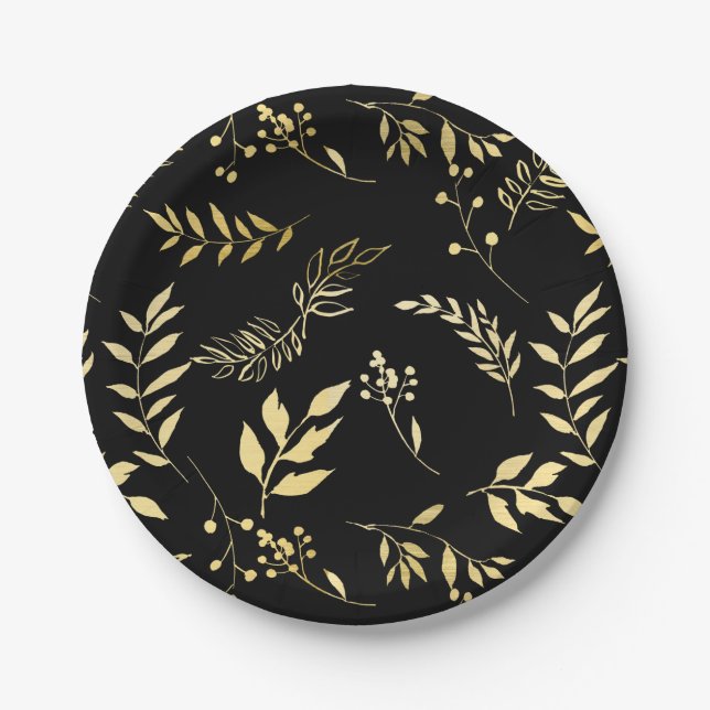 Black & Gold Botanical Glamour Glam Wedding Party Pappteller (Vorderseite)