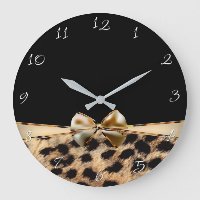 Black & Gold Bow Leopard Cheetah Animal Print Große Wanduhr (Vorderseite)
