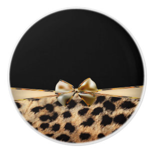 Black & Gold Bow Leopard Cheetah Animal Print Keramikknauf