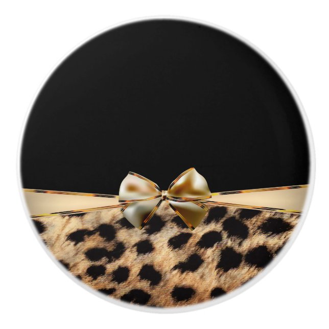 Black & Gold Bow Leopard Cheetah Animal Print Keramikknauf (Vorderseite)